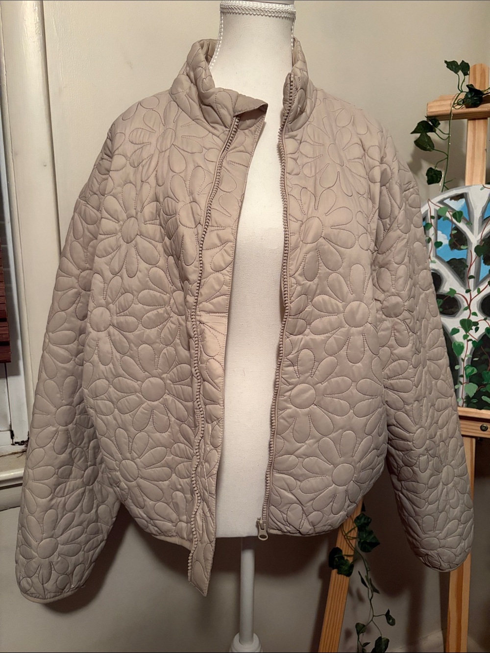 O'Neill Quilted Floral Puffer Jacket in Light Beige